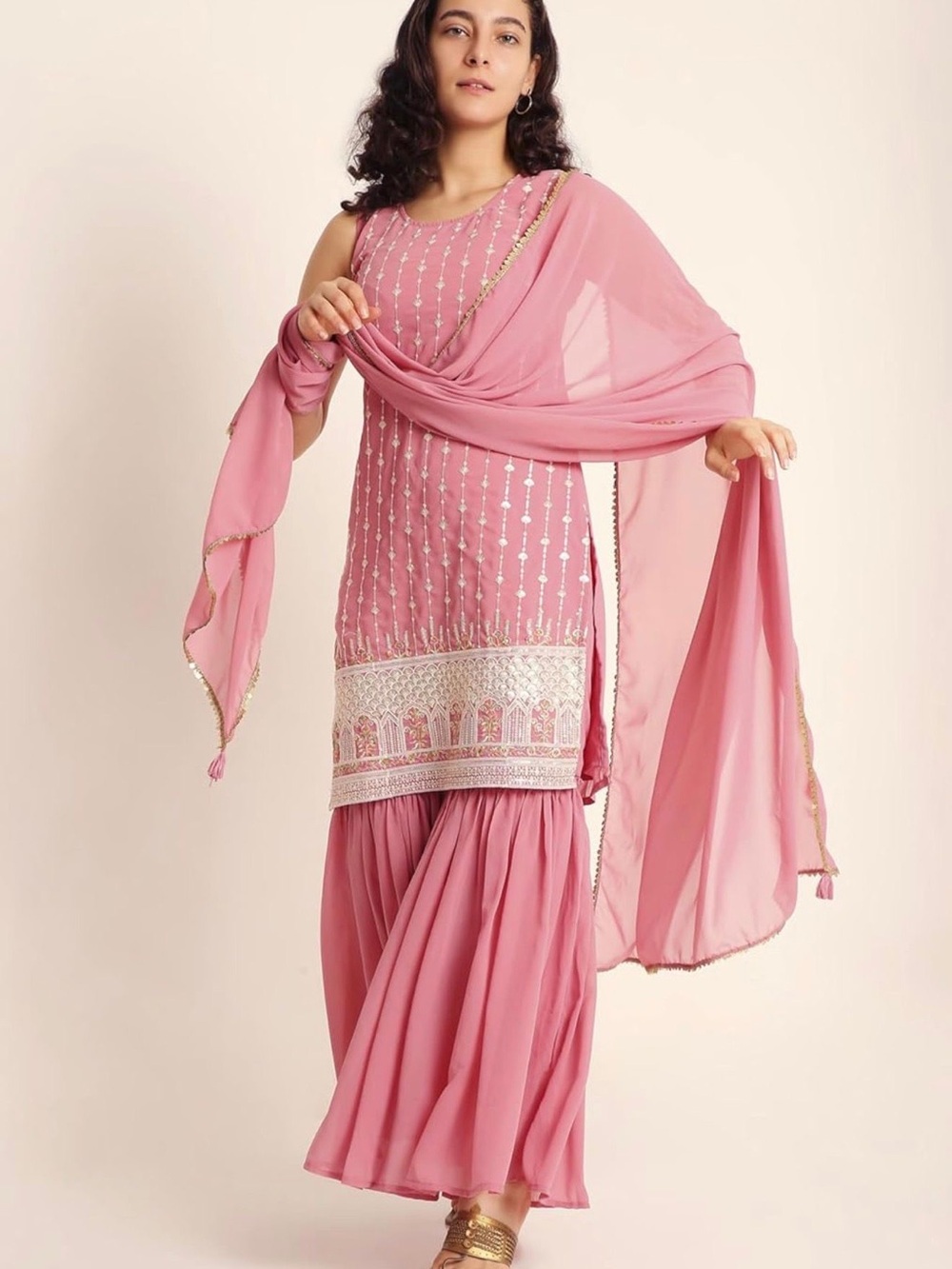 Women's Georgette Embroidery Straight Kurta and Sharara Set